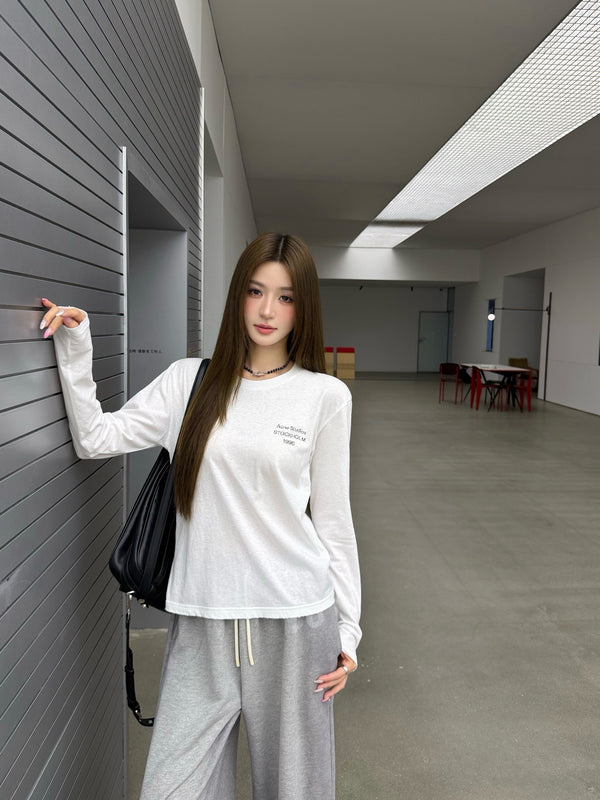 Acne Distressed Logo Long-Sleeve T-Shirt White Cotton