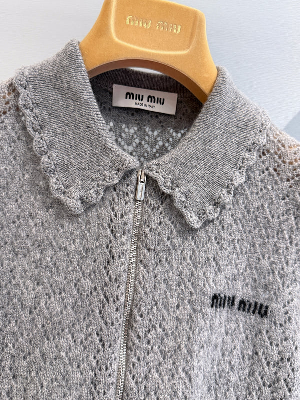 Miu Pointelle Zip Cardigan Grey Cashmere And Silk