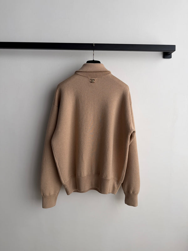 CC Mock-Neck Zip-Up Sweater Camel Beige Wool