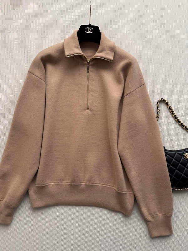 CC Mock-Neck Zip-Up Sweater Camel Beige Wool
