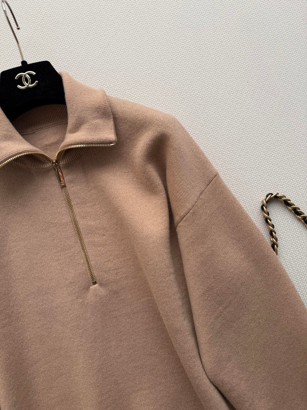 CC Mock-Neck Zip-Up Sweater Camel Beige Wool