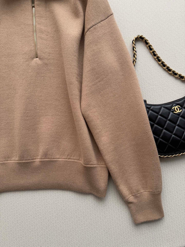 CC Mock-Neck Zip-Up Sweater Camel Beige Wool
