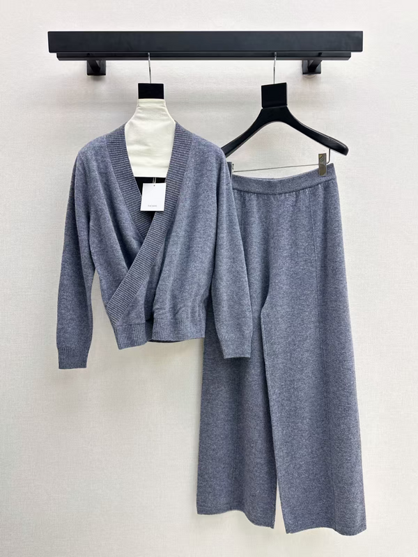 CD Knit Wrap Cardigan & Wide-Leg Pants Set Slate Gray Wool