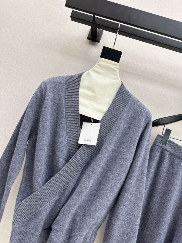 CD Knit Wrap Cardigan & Wide-Leg Pants Set Slate Gray Wool