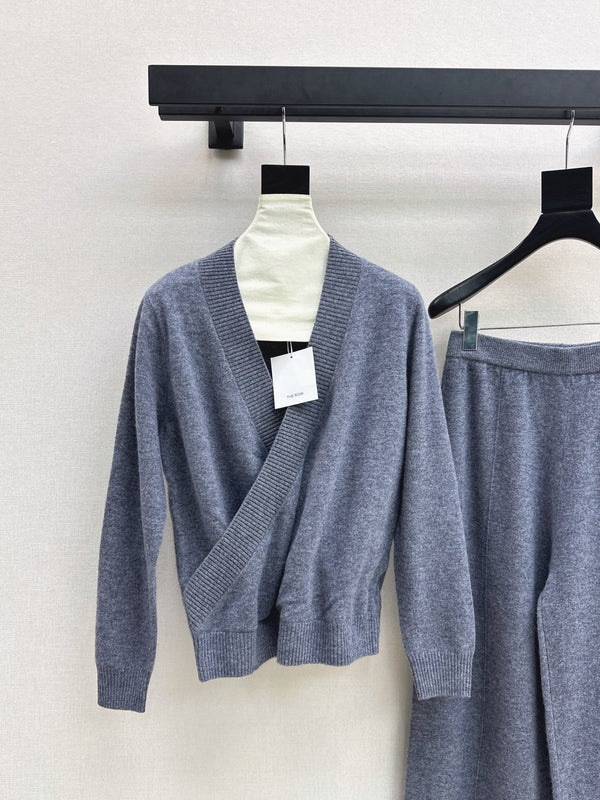 CD Knit Wrap Cardigan & Wide-Leg Pants Set Slate Gray Wool