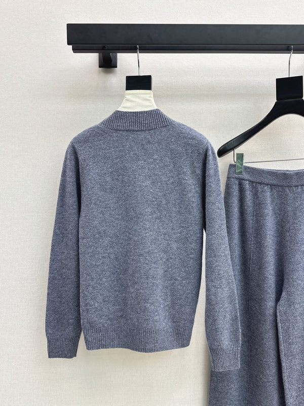 CD Knit Wrap Cardigan & Wide-Leg Pants Set Slate Gray Wool