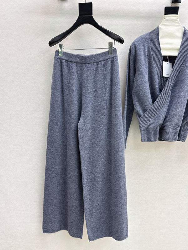 CD Knit Wrap Cardigan & Wide-Leg Pants Set Slate Gray Wool