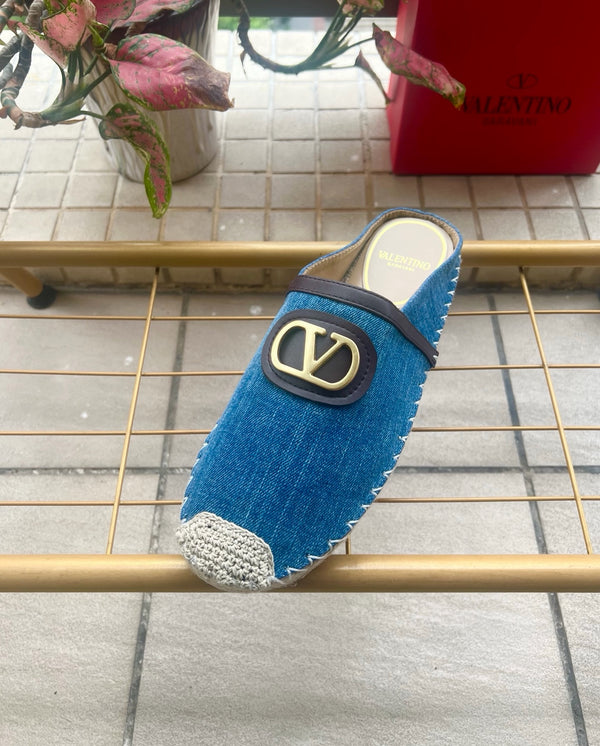 VLTN Garavani VLogo Espadrille Mules Blue Denim Knitted