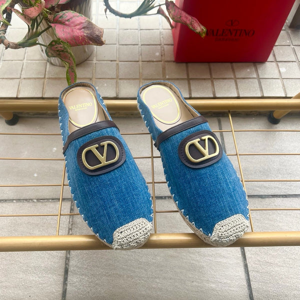 VLTN Garavani VLogo Espadrille Mules Blue Denim Knitted