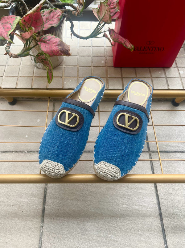 VLTN Garavani VLogo Espadrille Mules Blue Denim Knitted