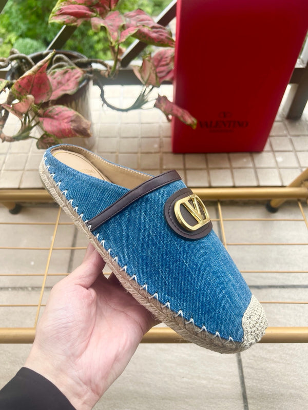 VLTN Garavani VLogo Espadrille Mules Blue Denim Knitted