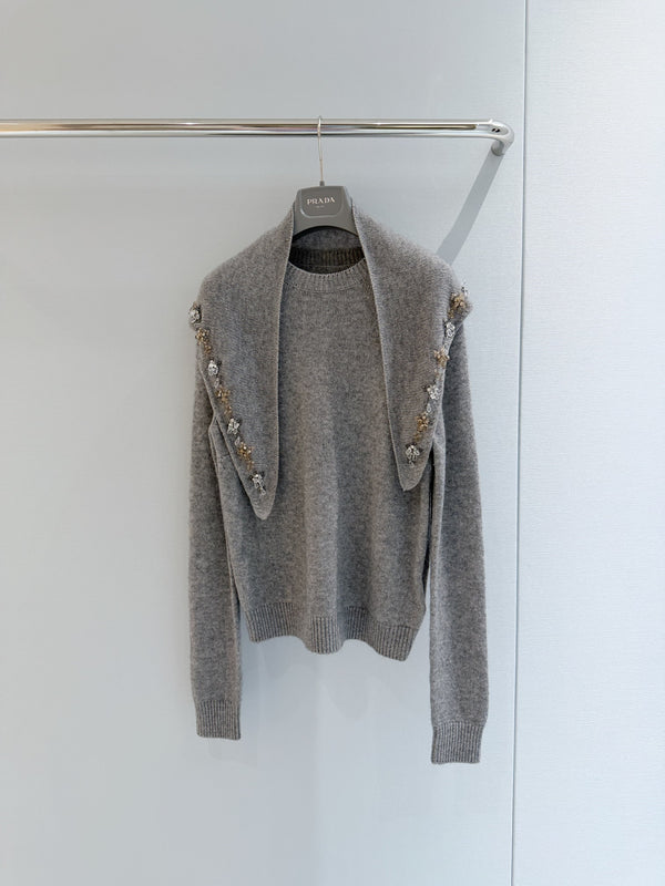 Prad Crewneck Sweater with Stole Grey Cashmere