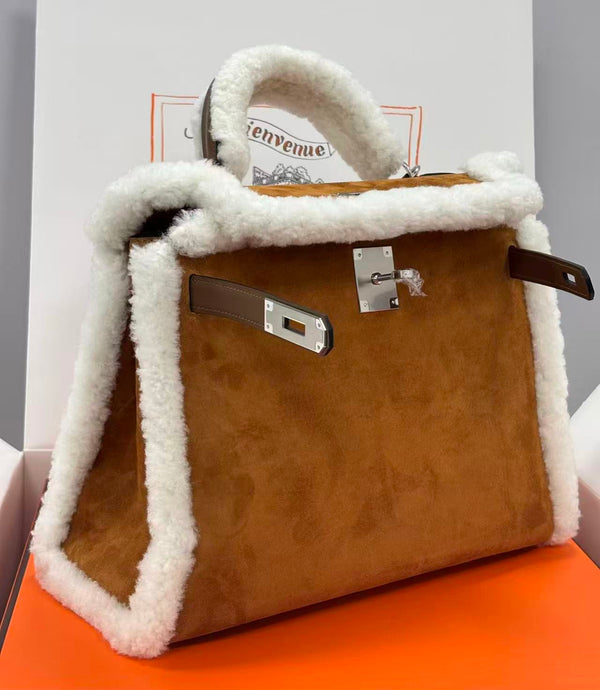 HM Kelly Teddy Shearling 28cm Brown Suede Silver Hardware