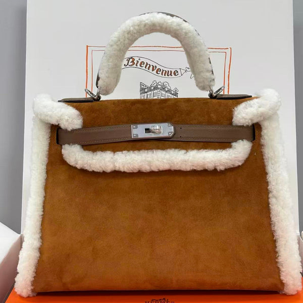 HM Kelly Teddy Shearling 28cm Brown Suede Silver Hardware