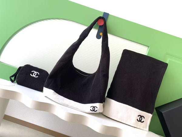 CC Terry Cloth Towel and Bag 3-Piece Set Black In Cotton