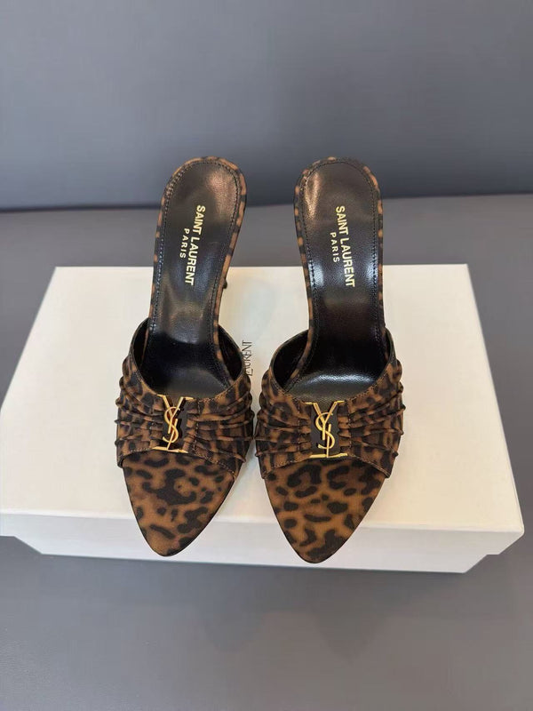 YSL Babylone Mules 8cm in Brown Leopard Grosgrain Fabric