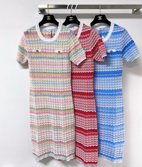 Chanel Three-Color Short-Sleeve Dress in Tencel