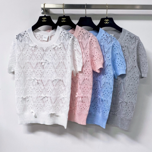 CD 2026 Openwork Lace Knit Short-Sleeve Top Bow Details 479896