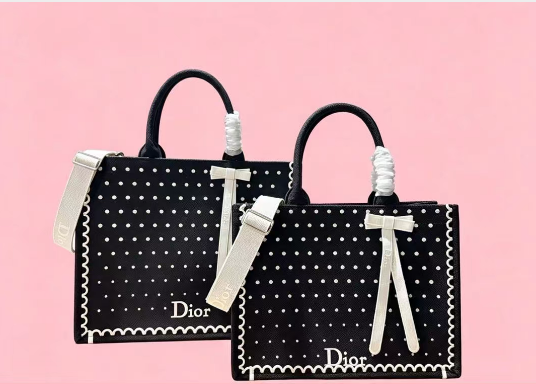 CD Book Tote With Strap PolkaDior Embroidery Black White Canvas 164637