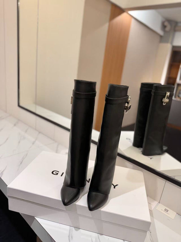 Givenchy Shark-Lock Knee-High Boots Black Cowhide Sliver HW