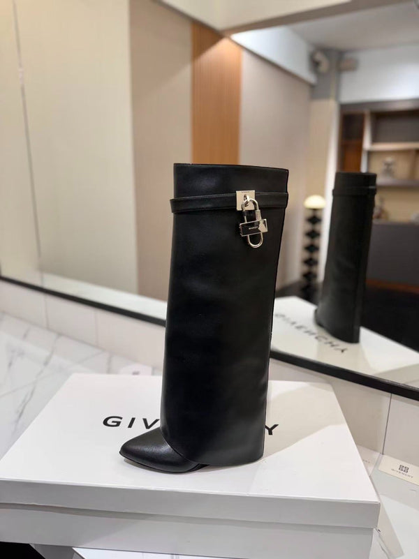 Givenchy Shark-Lock Knee-High Boots Black Cowhide Sliver HW
