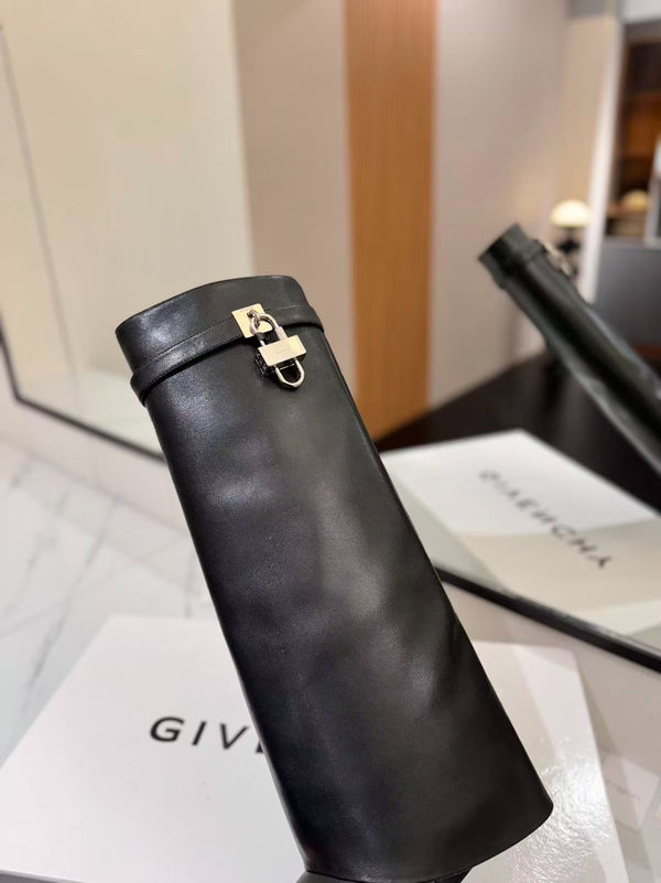 Givenchy Shark-Lock Knee-High Boots Black Cowhide Sliver HW