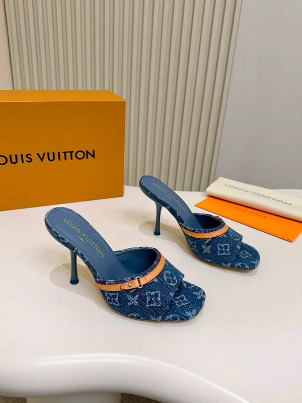 LV Monogram Kitten Heel Mule Sandals 10cm Canvas Leather 840357