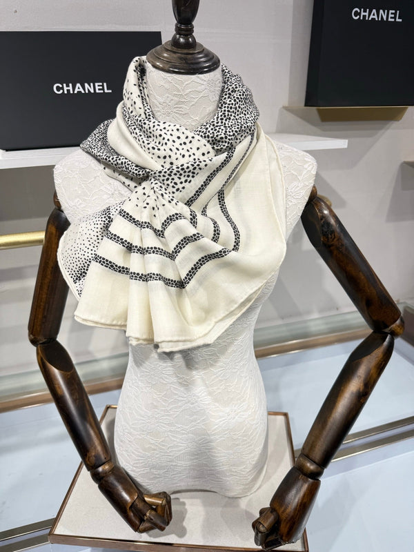 CC 2026 Polka Dot Scarf 140cm Black White Cashmere And Silk 217763