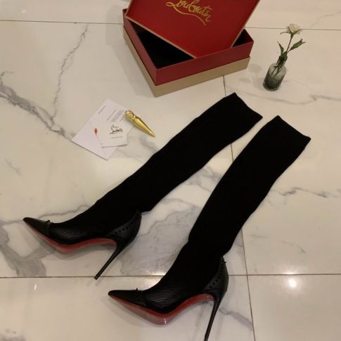 CL Dovi Dova Sock Booties 100mm Knee-high Boots Knit Fabric and Leather Black