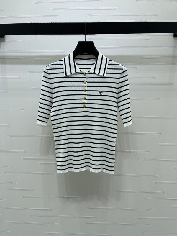 CL Striped Knit Collared Short-Sleeve Shirt in Tencel