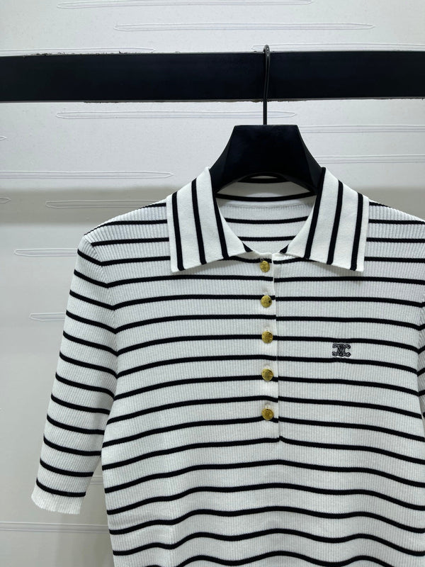 CL Striped Knit Collared Short-Sleeve Shirt in Tencel