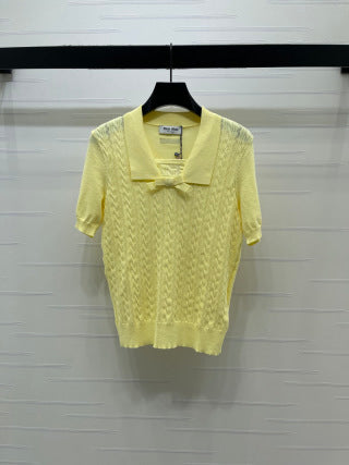 Miu Cable Knit Short-Sleeved Shirt Linen Silk