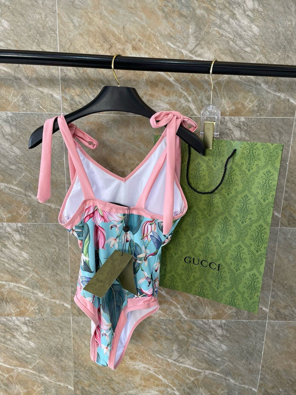 GG Tropical Floral Print One-Piece Swimsuit Green Pink 330760