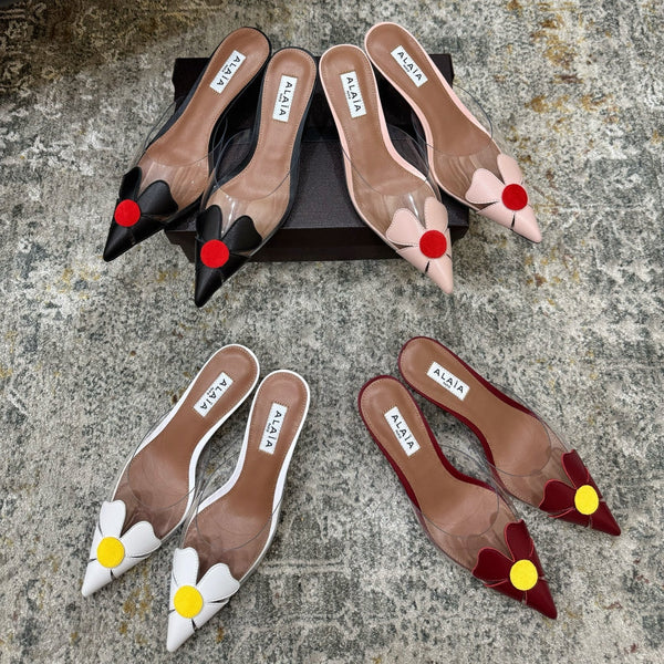 Alaia Round Flower Mules 55mm Cowhide Clear PVC 889940