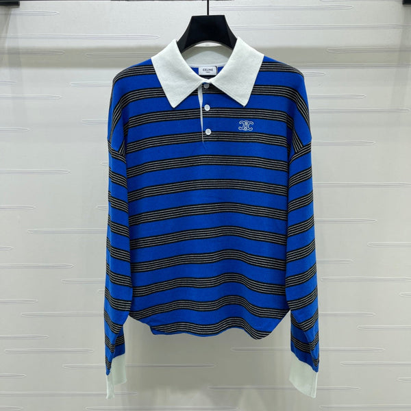 CE 26S Striped Polo Shirt Triomphe Embroidery Blue Black Wool 420994