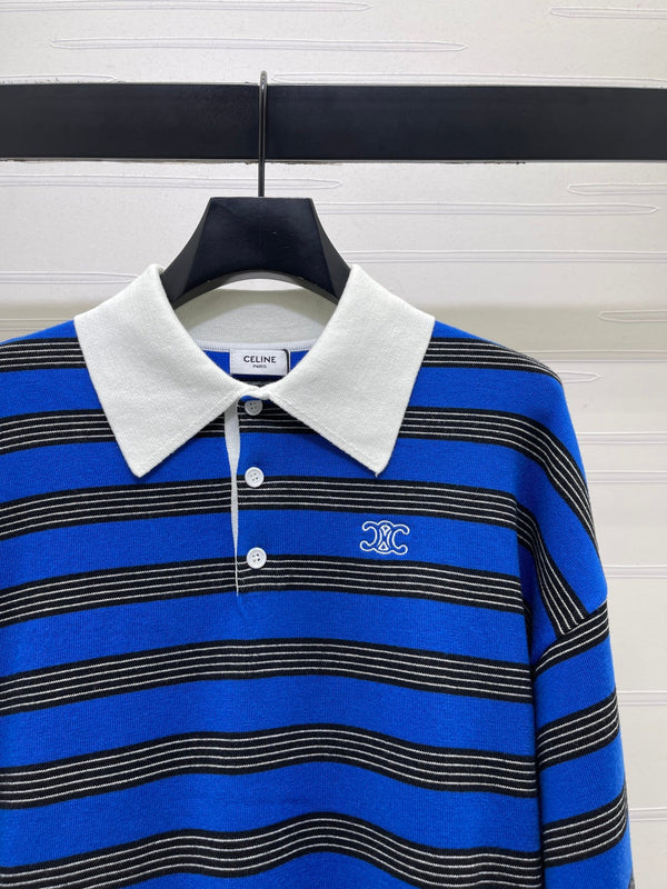 CE 26S Striped Polo Shirt Triomphe Embroidery Blue Black Wool 420994