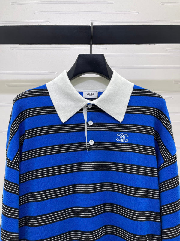 CE 26S Striped Polo Shirt Triomphe Embroidery Blue Black Wool 420994