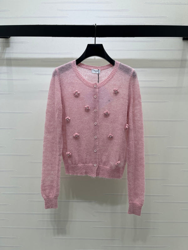 CE 26S Sheer Knit Cardigan 3D Flower Appliqués Mohair 430306