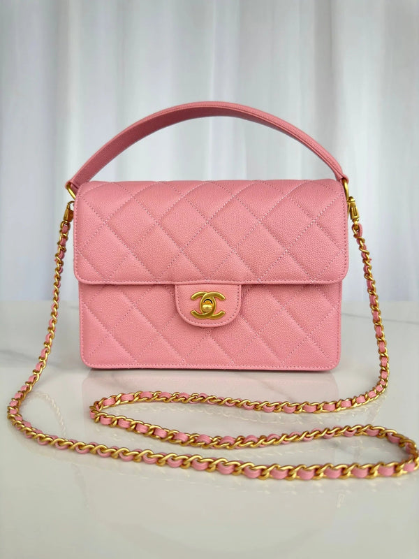 CC 2026 Flap Bag with Top Handle 19CM Gum-grain Cowhide
