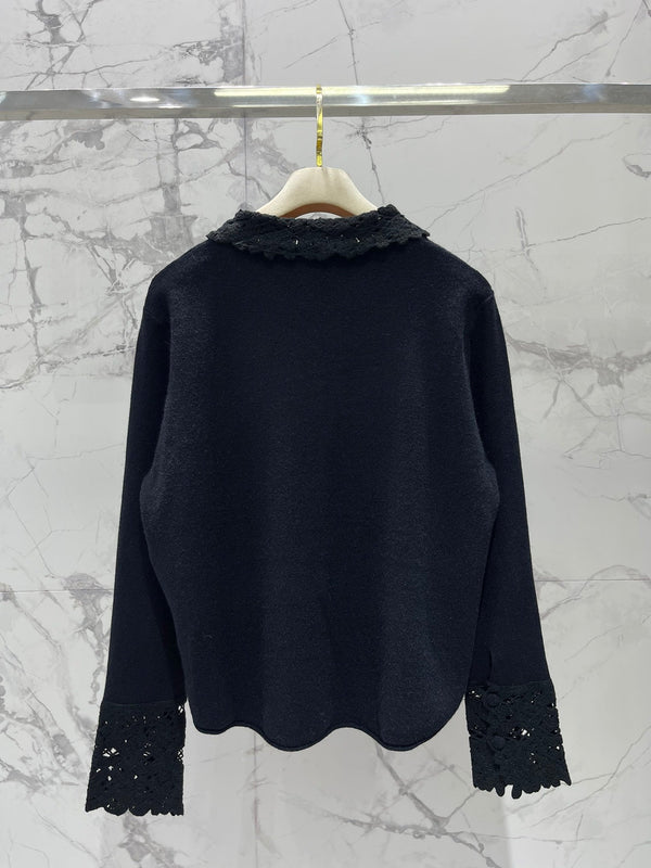 Miumiu 2025 Hollow-Out Crochet Collar Age-Defying Knit Cardigan Wool