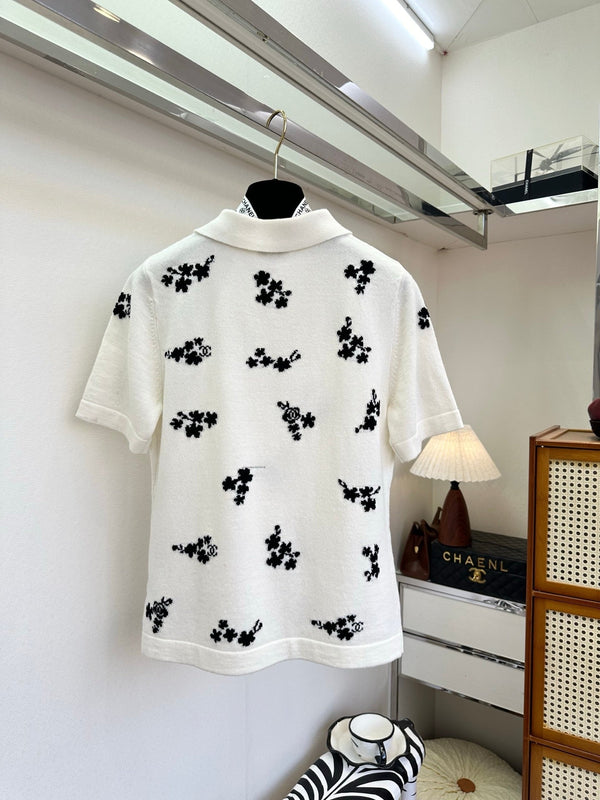Chanel 2026 Floral Print Polo Shirt Black and White Cotton