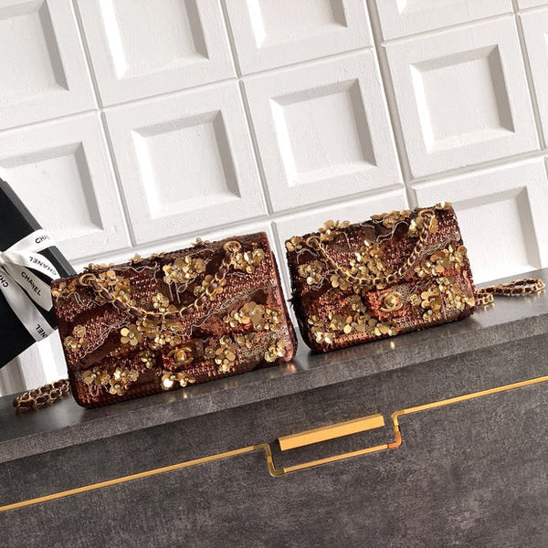 CC 2026 Flap Bag Brown Mix Colors Sequin Leather