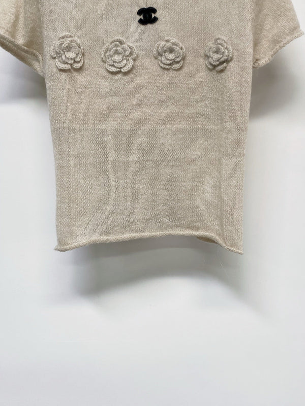 Chanel 2026 Floral Short Sleeve T-shirt Black and Beige Wool