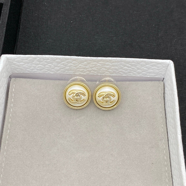 Chanel CC Pearl Button Gold Earrings