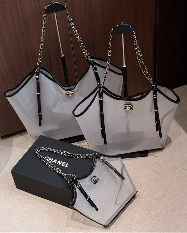 CC 26C Coco Beach Shopping Bag Transparent Mesh & Black Calfskin