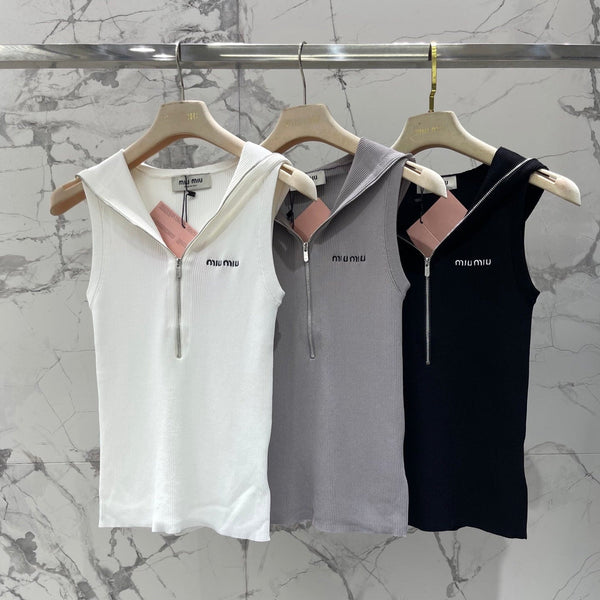 Miu 2026 Hooded Zipper Tank Top Tencel 636581