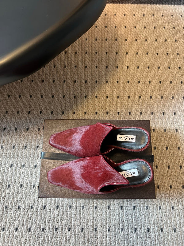 Alaia 26ss Pointed Toe Mules 10cm Burgundy Pony Hair