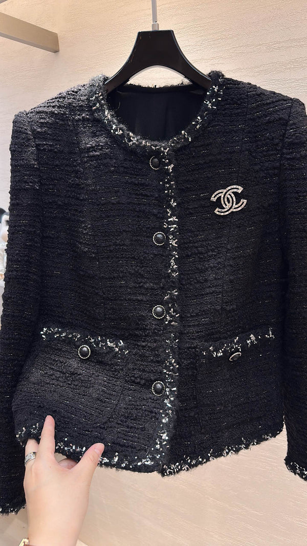 CC Cropped Jacket Silver Trim Black Tweed 415640