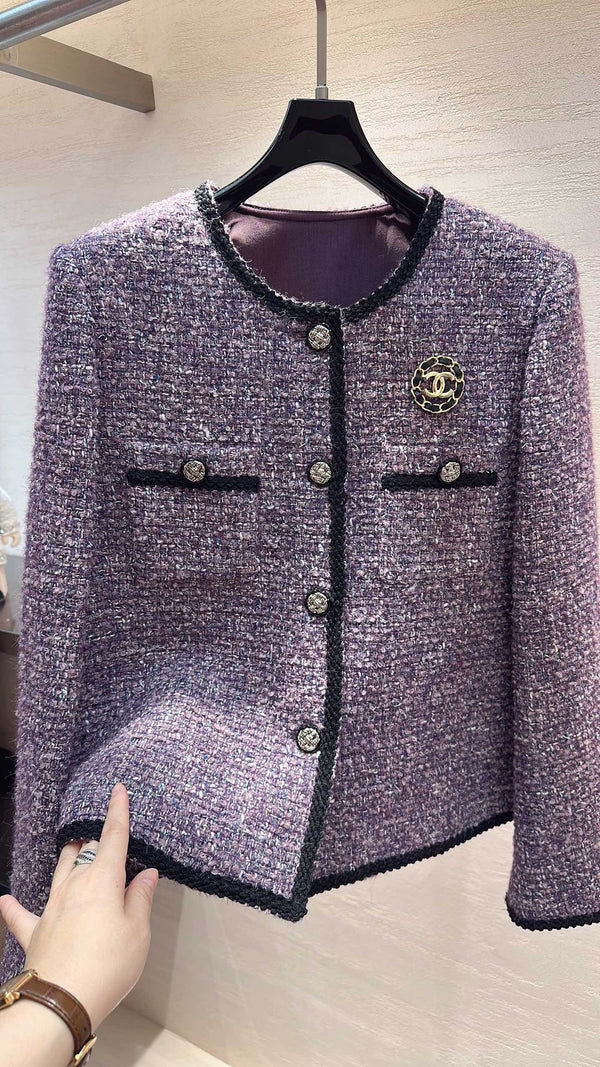 CC Round-Neck Jacket Black Trim Brooch Purple Tweed 415614