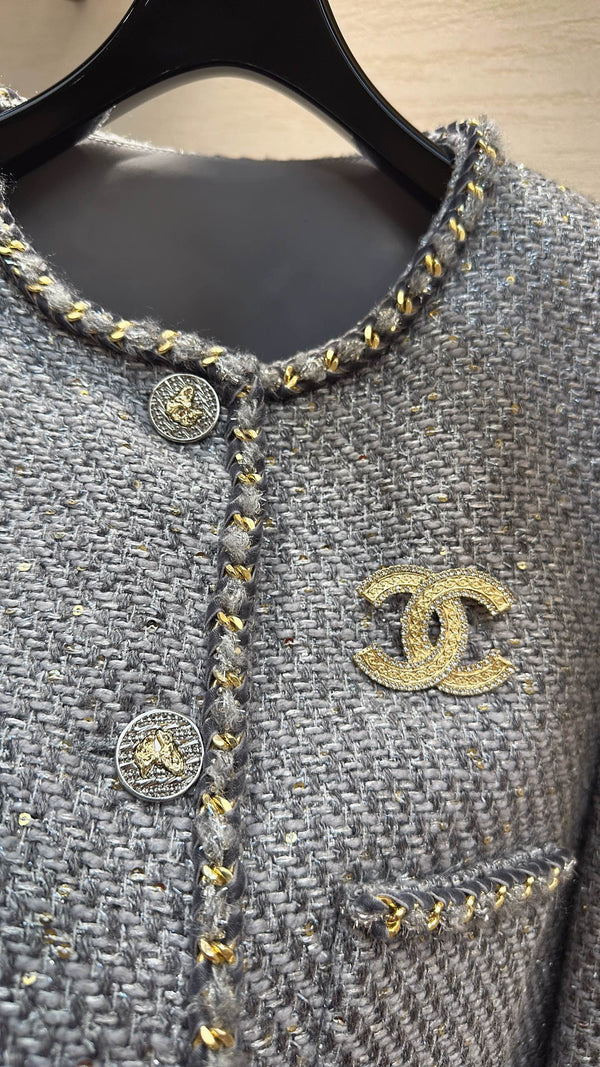 CC Jacket Gold Trim Gray Tweed 415620
